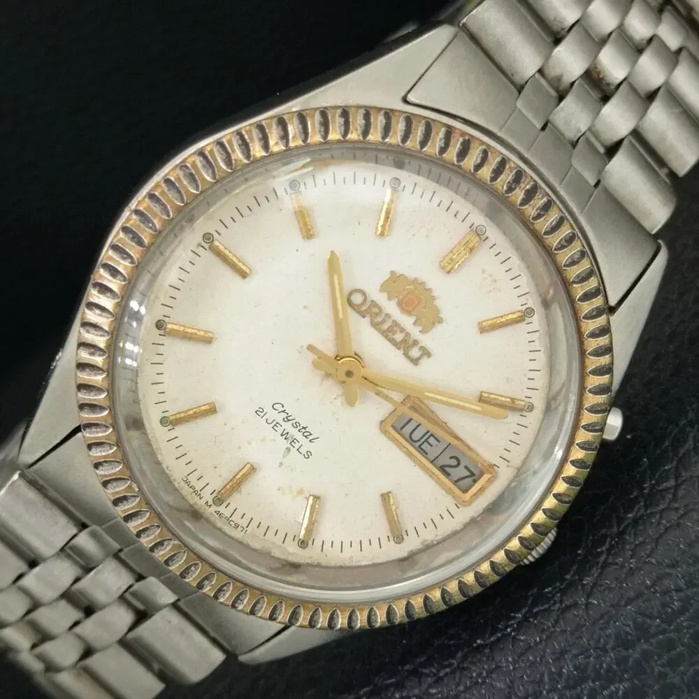 Vintage 1977 Orient Automatic Mens Silver Watch W/daydate & Gold accents